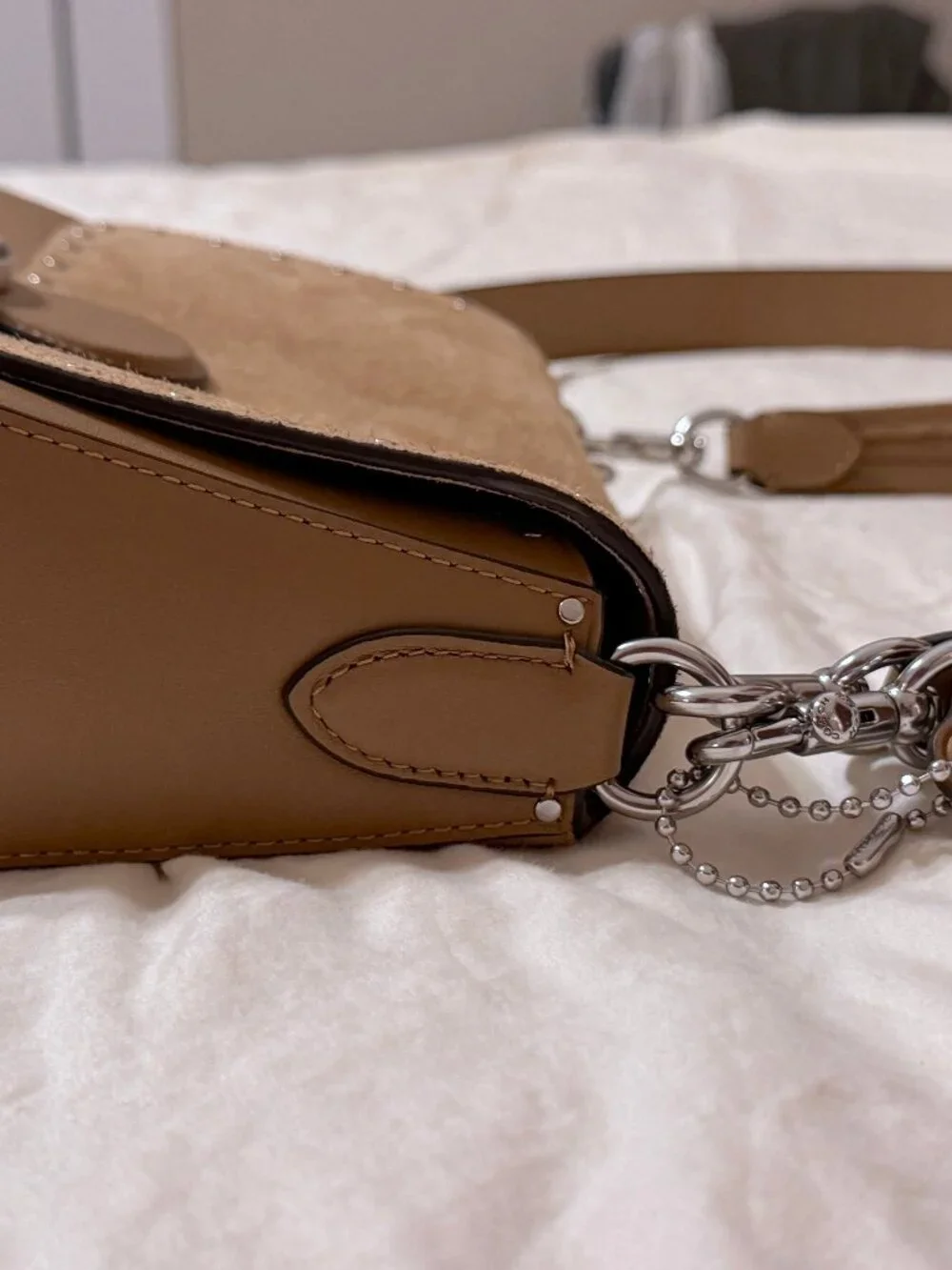 Coach Soft Tabby Shoulder Bag Crossbody Suede Peanut - Complete Both Straps